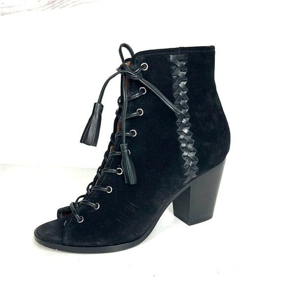 Frye Black Suede Leather Dani
Whipstitch Peep Toe Lace zip Booties block Heel 8 - Picture 2 of 13